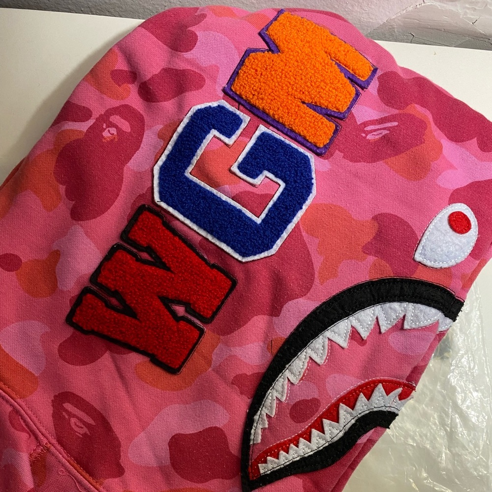 Bape Pink Camo Shark Hoodie with Multicolor Letter Patches
